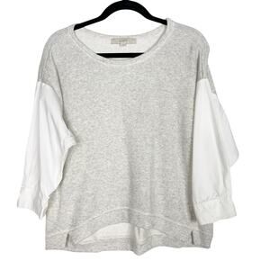 LOFT Medium M Gray White French Terry Mixed Media Pullover Top 3/4 Sleeve